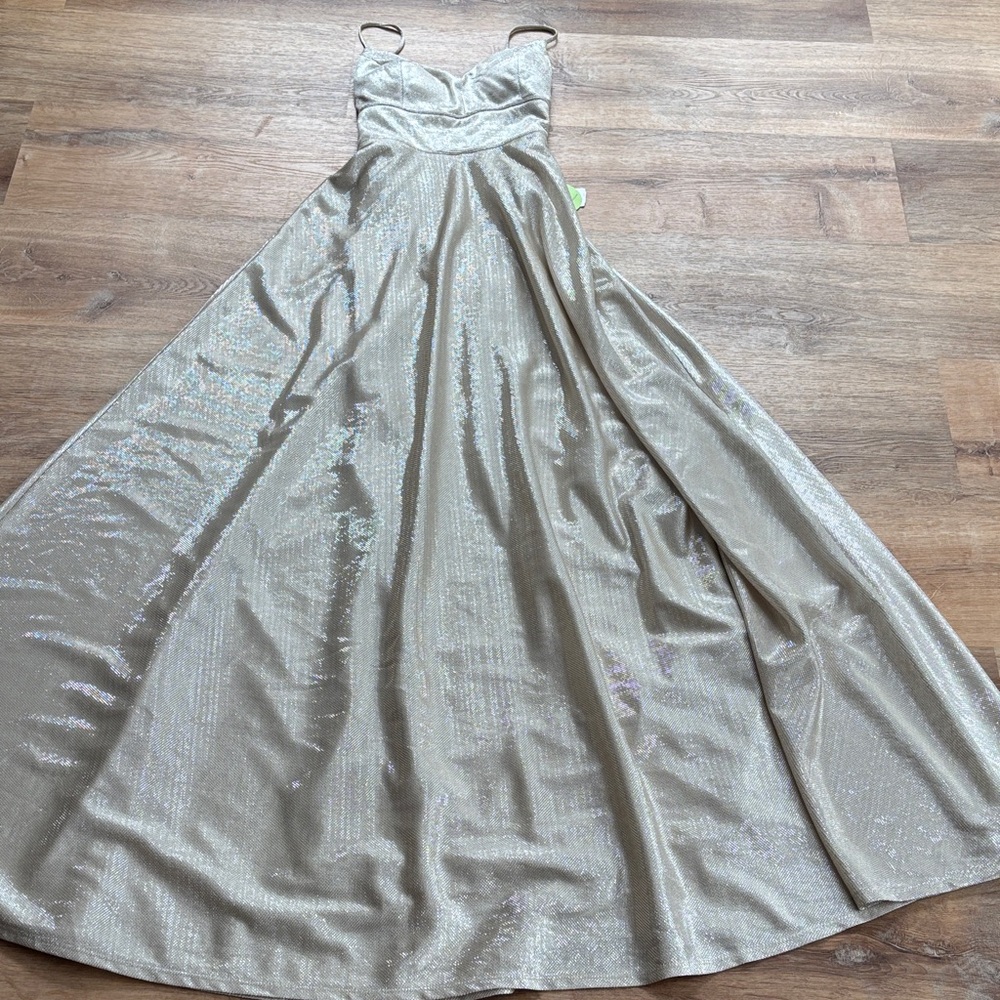 NEW 7 Windsor long formal shimmery, light gold, criss cross back ball gown